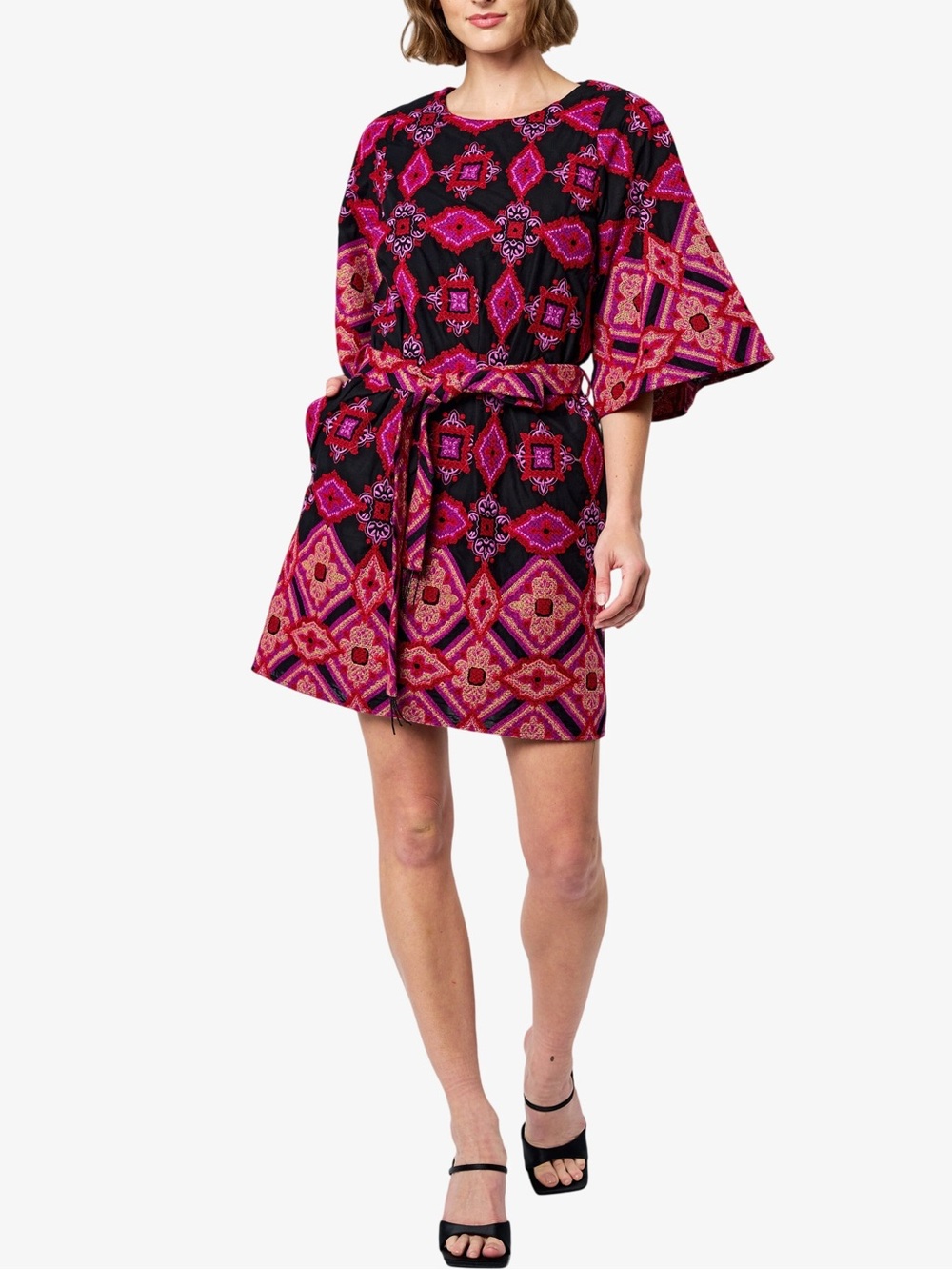 Ciebon Daelyn Embroidered Bell Sleeve Mini Dress Tie-Waist in Fuchsia & Black, M
